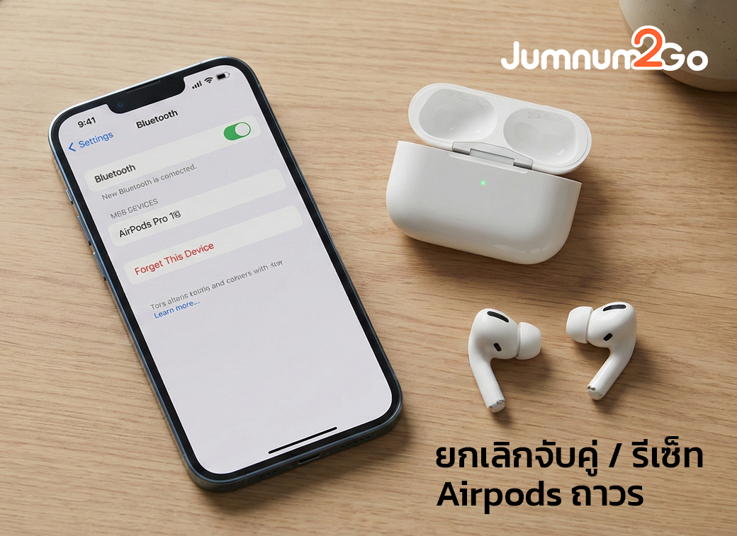 วิธียกเลิกการเชื่อมต่อ AirPods Pro บน iPhone หน้าจอแสดงเมนู Forget This Device พร้อมเคสชาร์จและหูฟัง